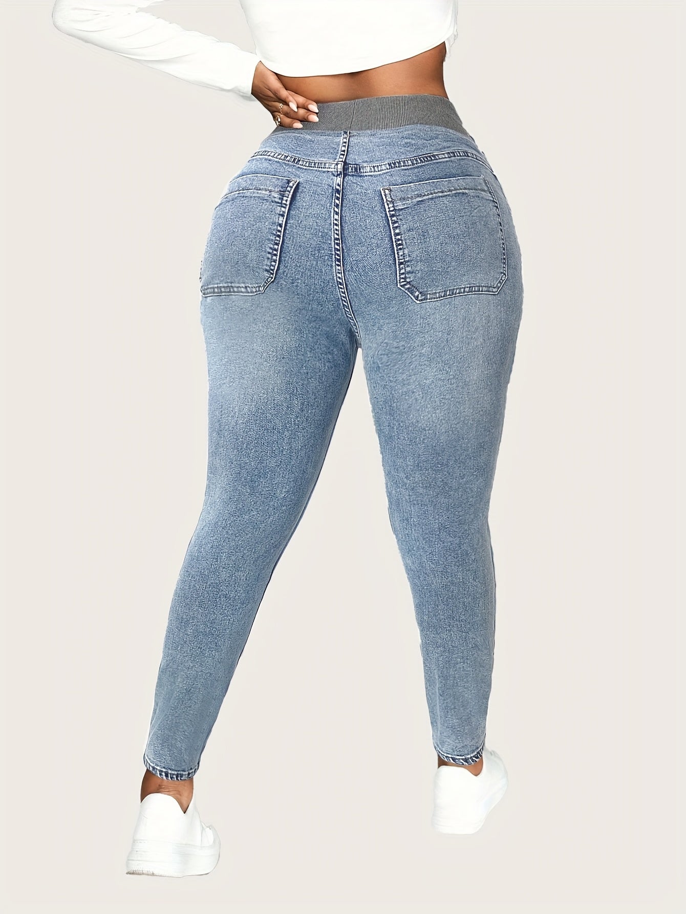 Men's Denim Jeans Slim Fit Wide Ribbed Wide Waistband Casual Stylish