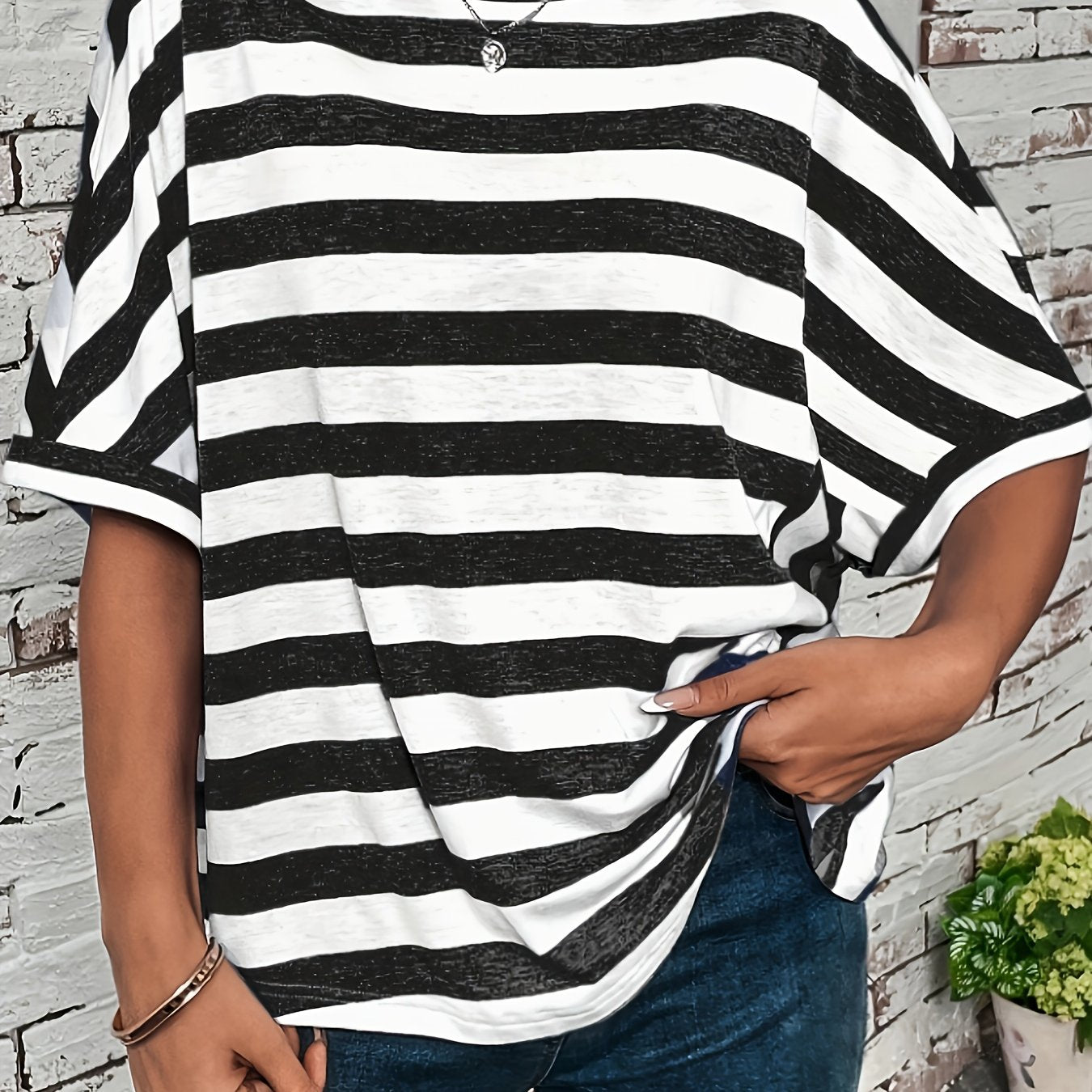 Women's Plus Size Striped Batwing Sleeve T-Shirt Polyester Casual Top