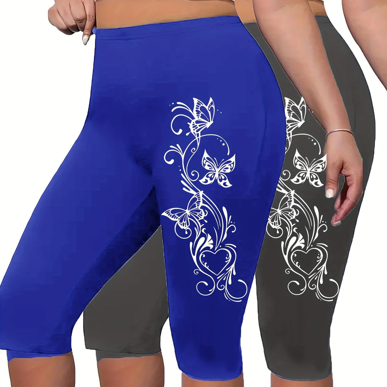 Plus Size Butterfly Print Capri Leggings High Waist Stretchy Spring Summer Women