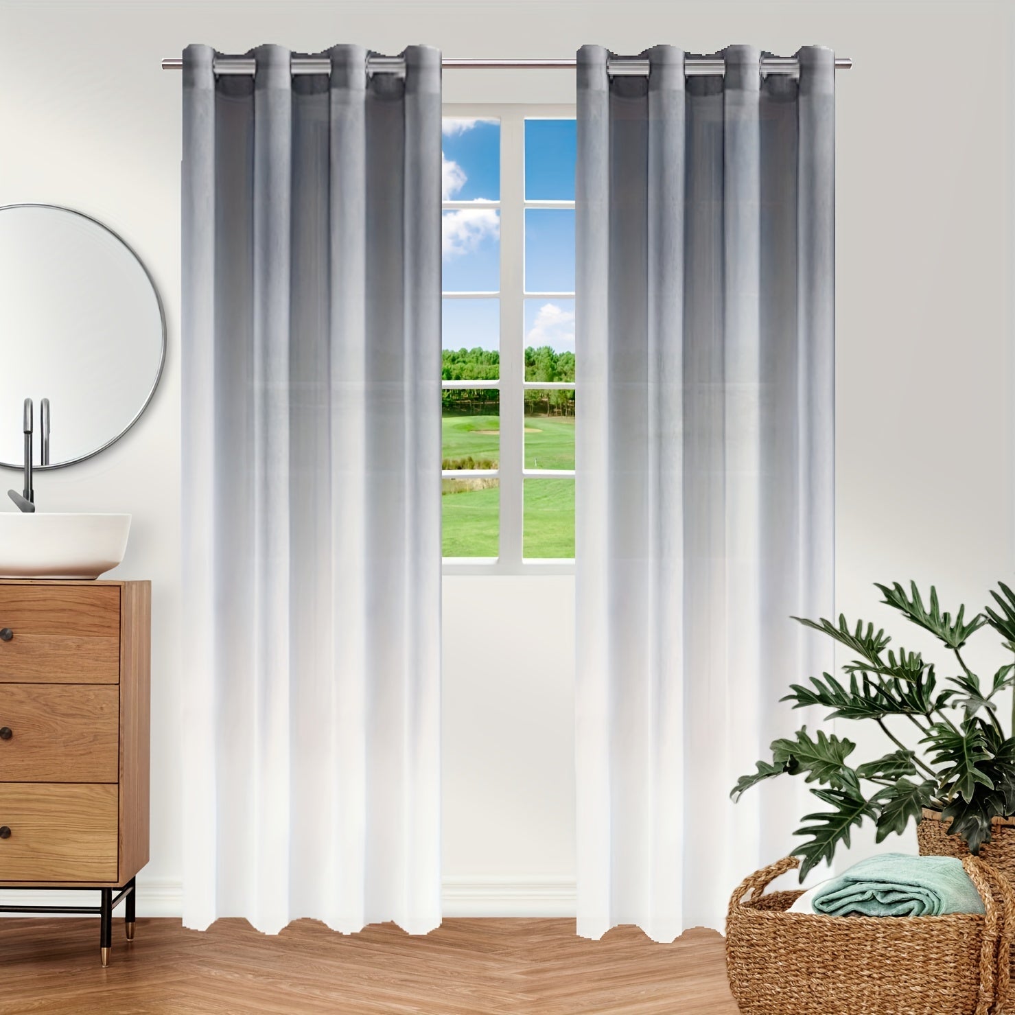 Bohemian Ombre Sheer Curtain Blue to White UV Protective Polyester for Bedroom Living Room