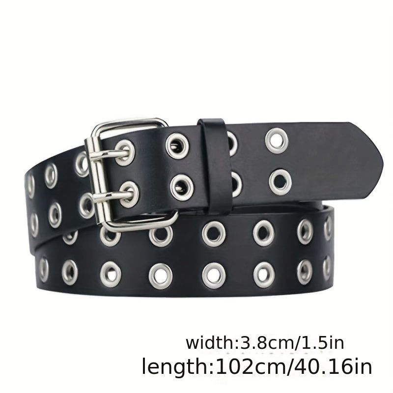 Unisex Black PU Leather Waistband with Double Pin Buckle and Eyelet Details for Punk Style