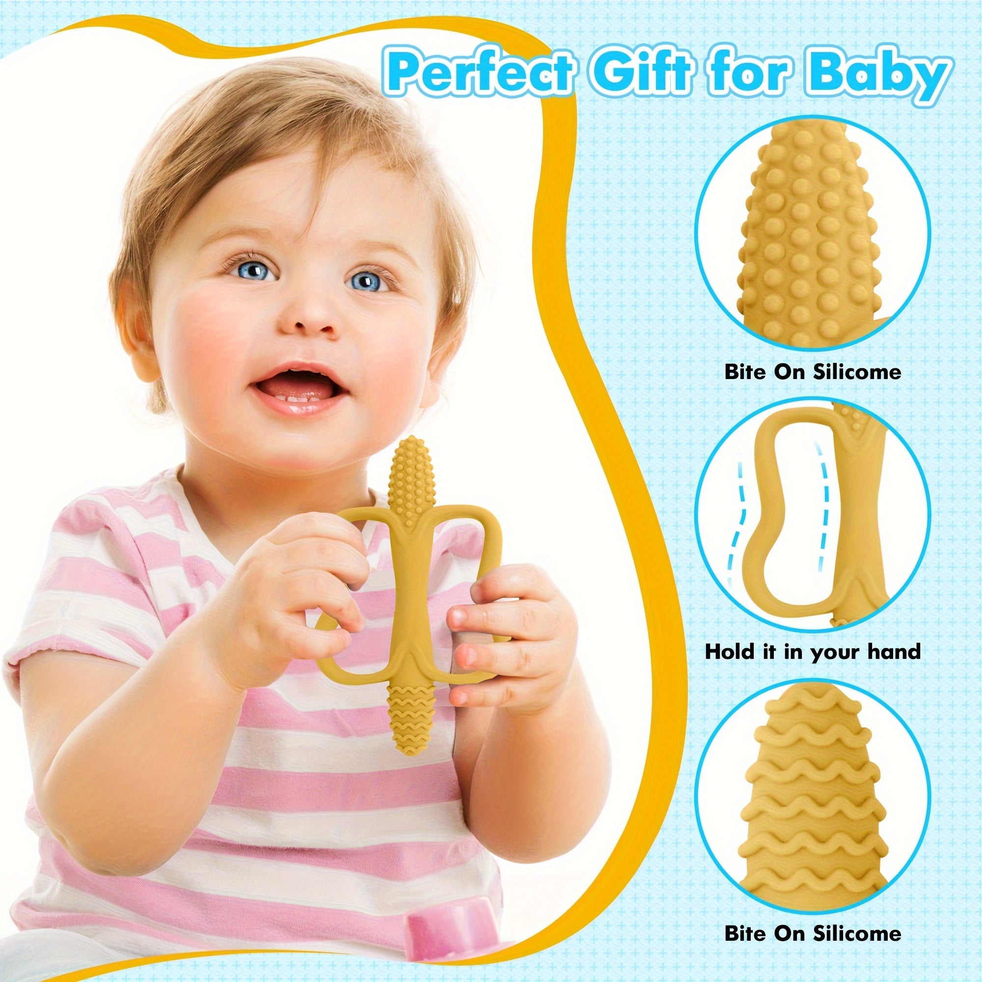 Детская силиконовая зубная нить с коркообразной ручкой, текстурированной поверхностью для кусания для детей старше 3 месяцев