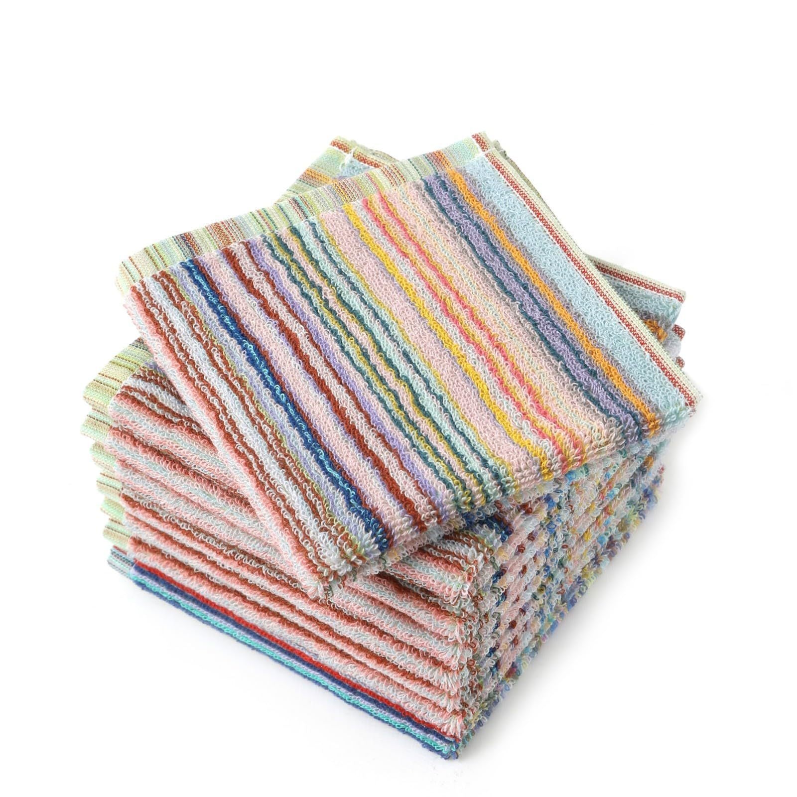 Set of 6 Cotton Washcloths with Hanging Loop, Striped Knit Fabric, Soft Absorbent, 500 GSM
