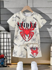 Boys Summer Spider Pattern T-Shirt and Shorts Set 95% Polyester 5% Spandex Kids Outfit