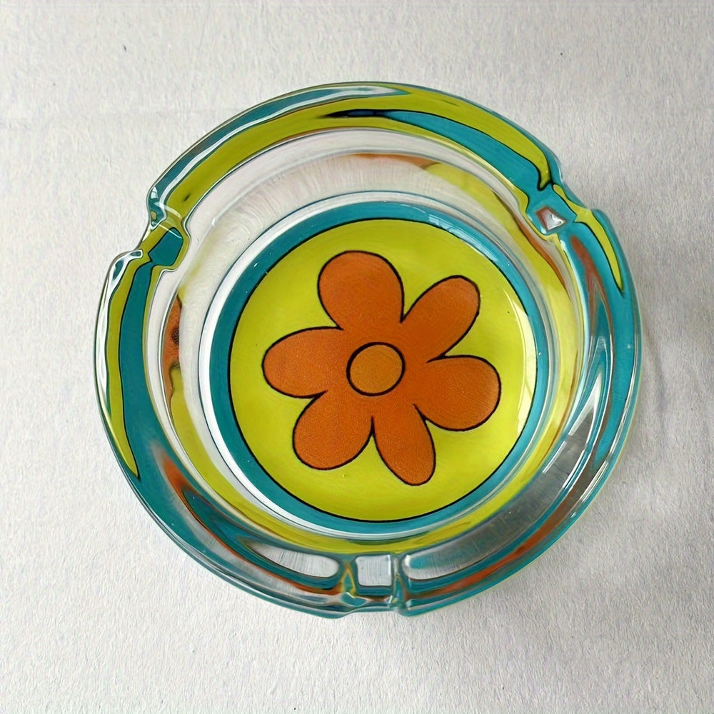 Unisex Glass Ashtray Round Flower Design 85mm Blue Yellow Orange Decoration