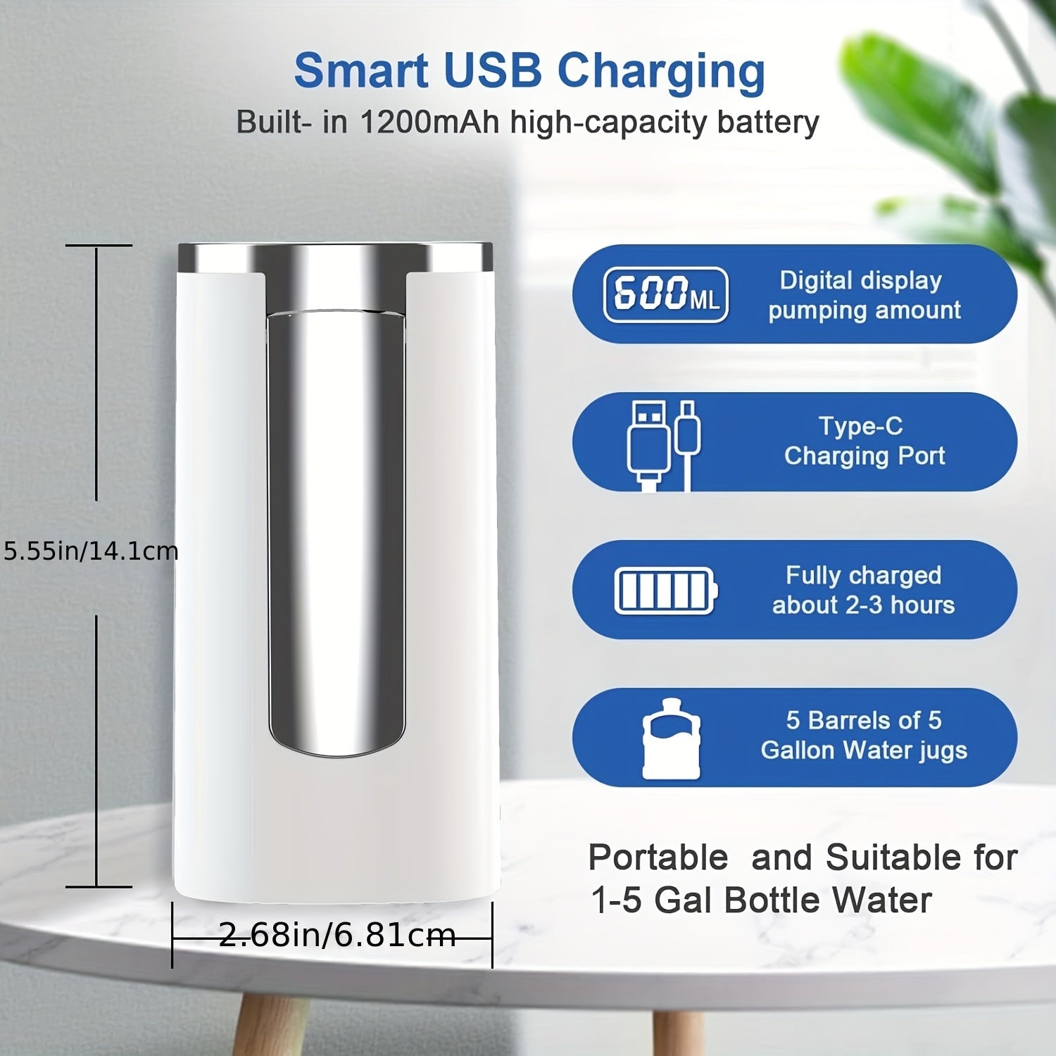 Портативный автоматический водораздатчик для бутылок объемом 18,93 л, зарядка через USB, для дома, офиса, кемпинга, путешествий