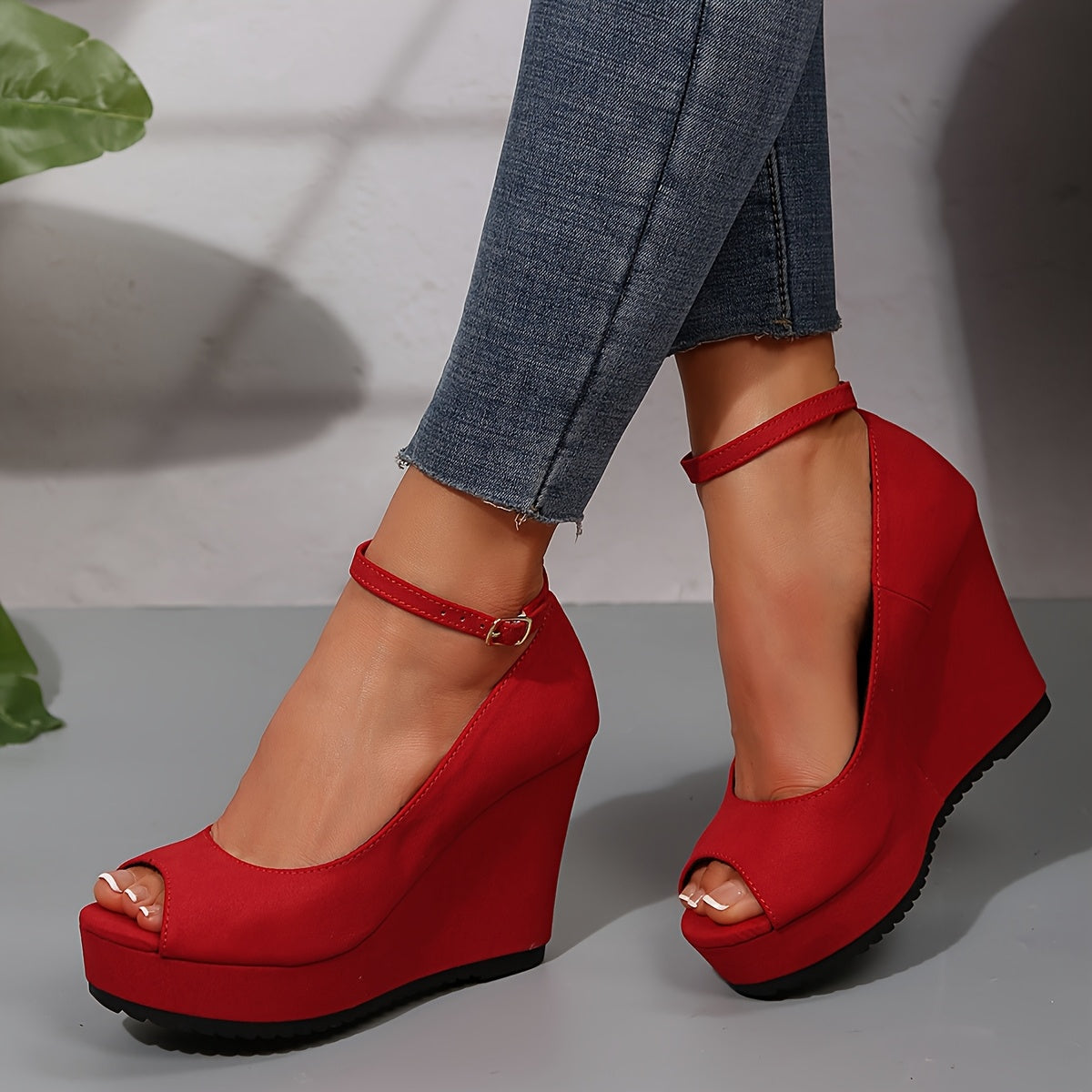 Women's Ankle Strap Platform Heels Open Toe Sandals Black Red Durable Footwear