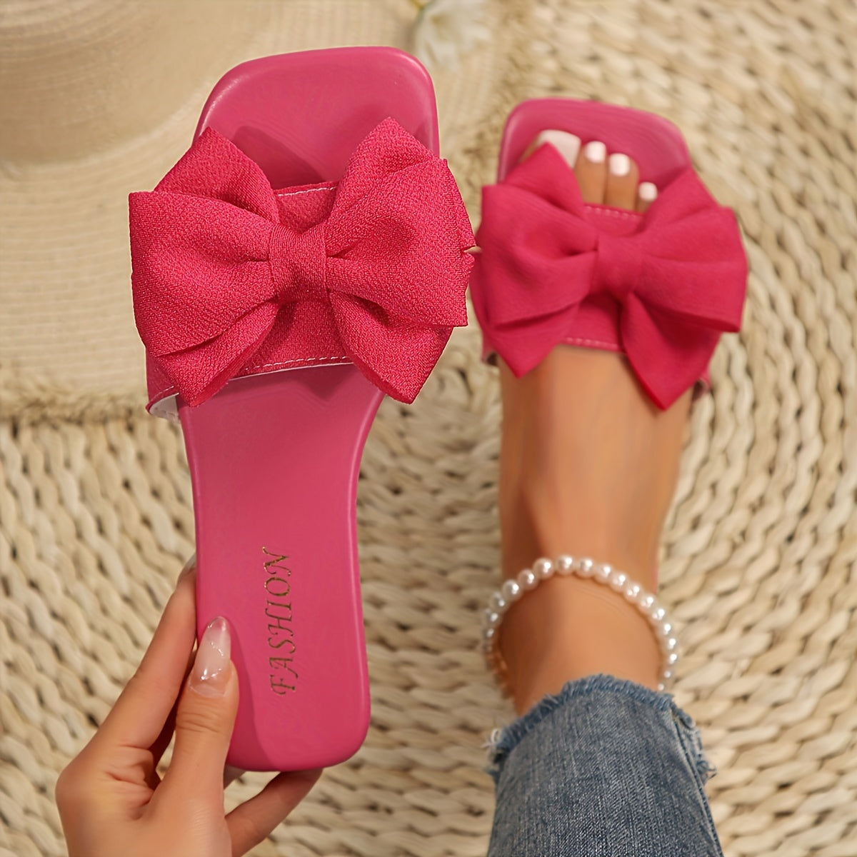 Women's Plus Size Open-Toe Slip-On Sandals with Black Bow Summer Beach