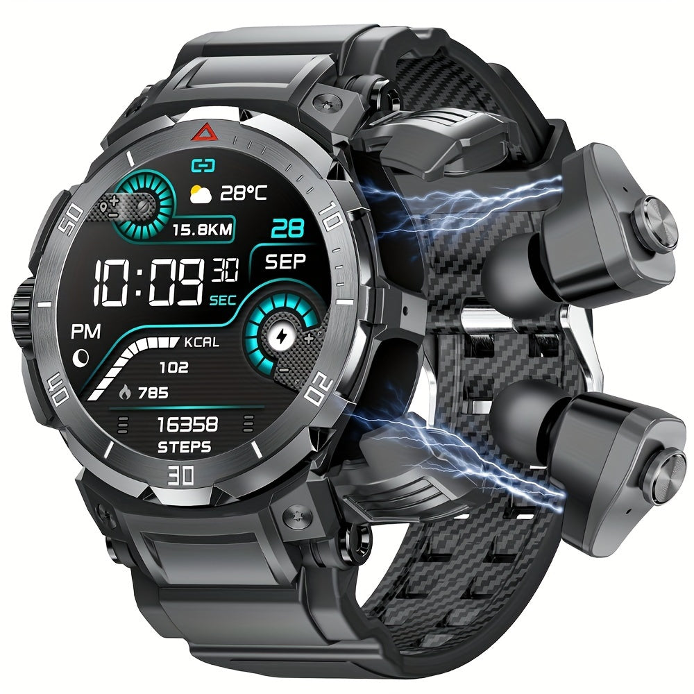 Erkaklar uchun yangi 3 in 1 aqlli soat, quloqchinlar, musiqa, fitnes kuzatuvchi, 1.46 dyuym HD ekran, qo'ng'iroq qilish/olish, dinamik, yozish, sport kuzatuvchi, iOS va Android bilan mos, uzoq kutish vaqti.
