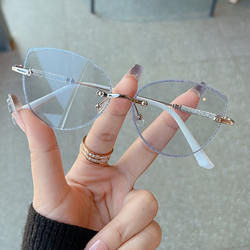 Women Cat Eye Photochromic Rimless Glasses with Blue Light Filter and Sparkling Sequins