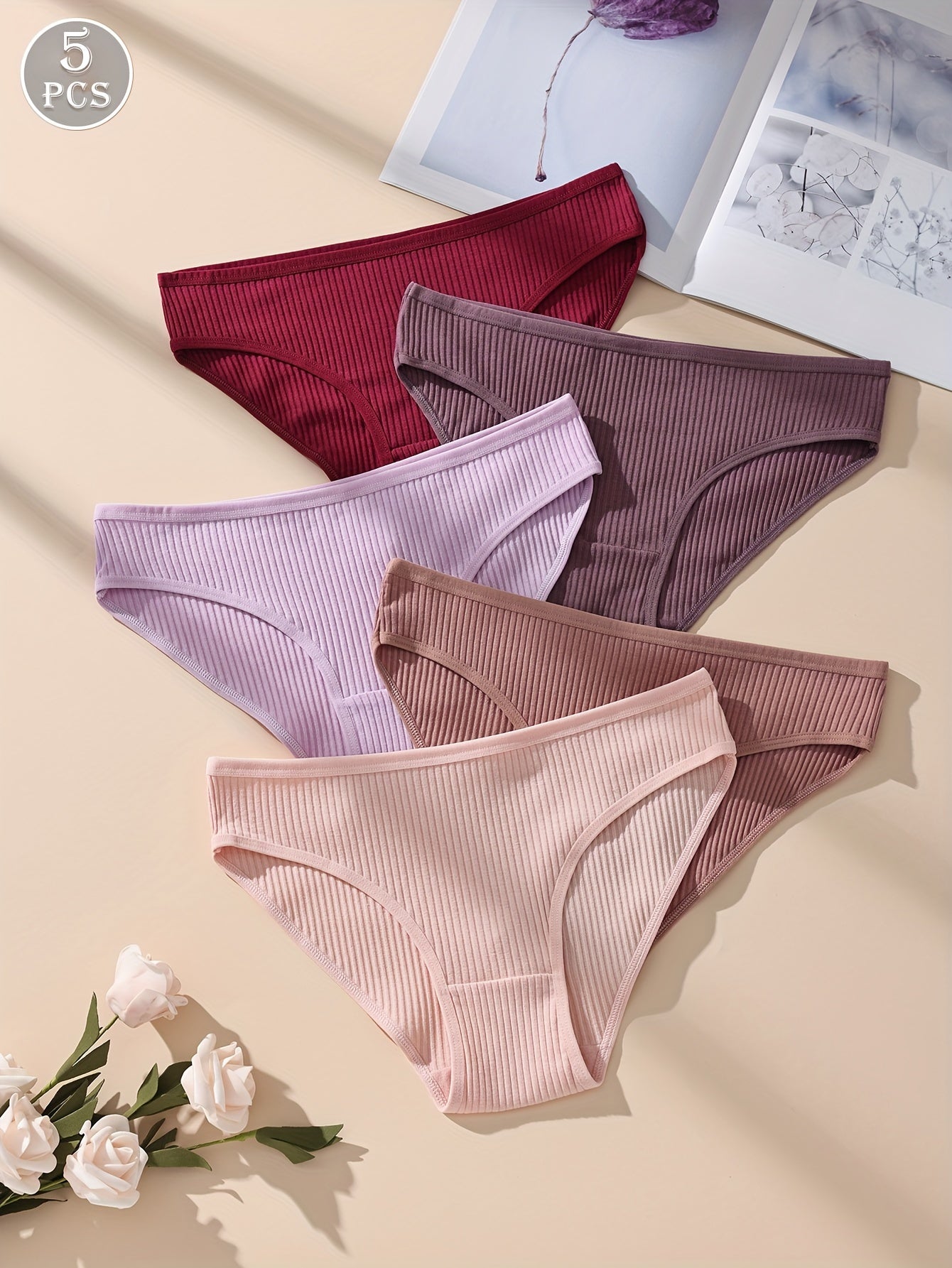 Women's Purple Ribbed Triangle Panties 5-Pack Cotton Comfortable Lingerie