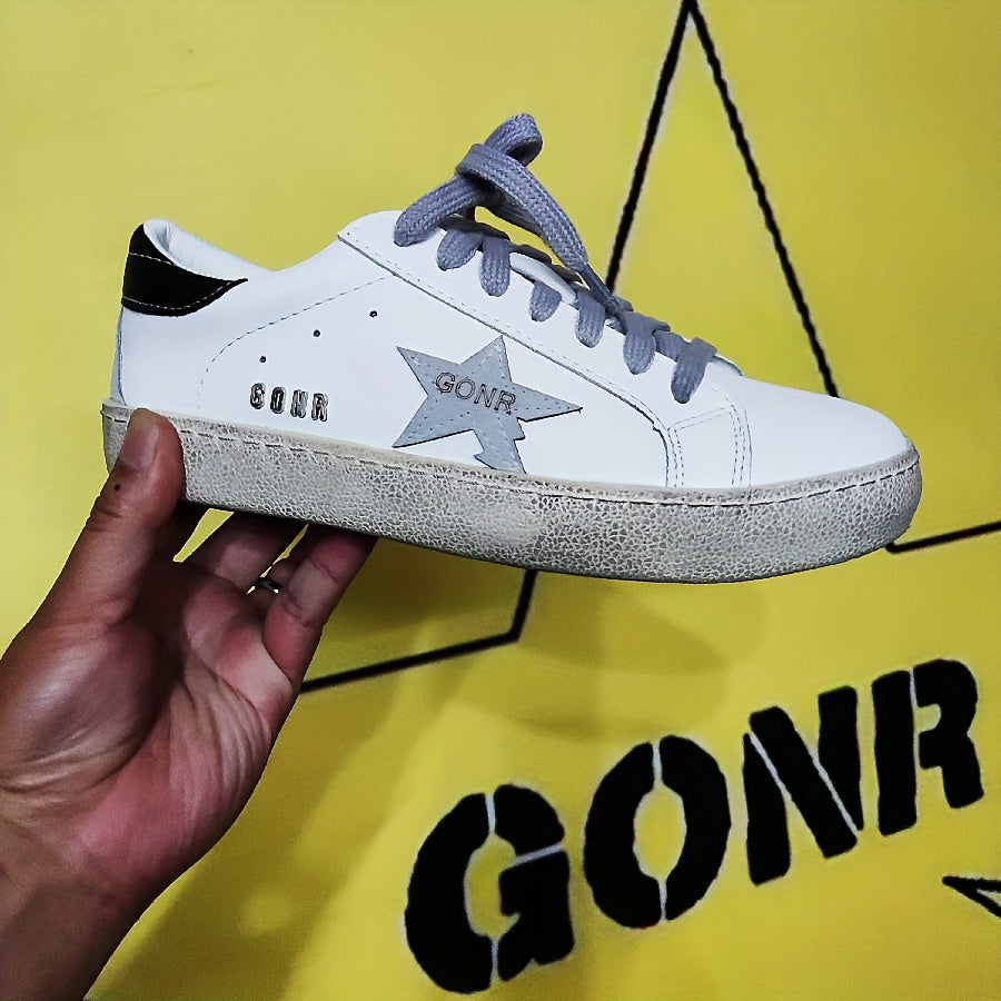 Unisex Vintage Star-Embellished Leather Sneakers with Sequin Accents