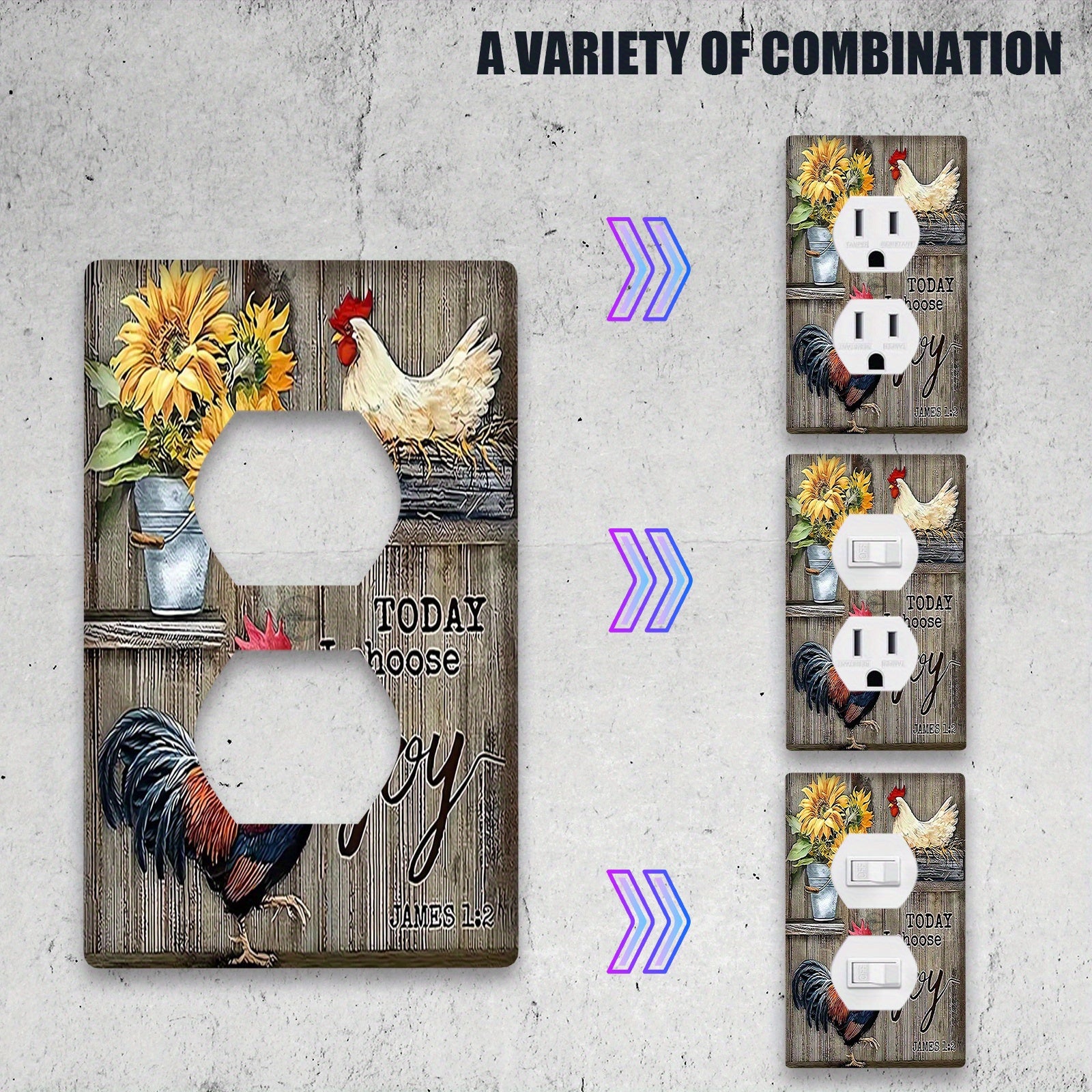 Rustic Rooster Light Switch Cover Decorative Wall Plate Easy Install Battery-Free for Home Kitchen Bedroom