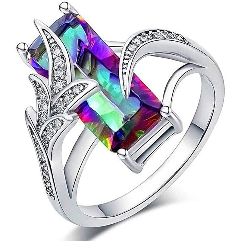 Women's Square Rainbow Topaz Silver Plated Ring Jewelry Gift