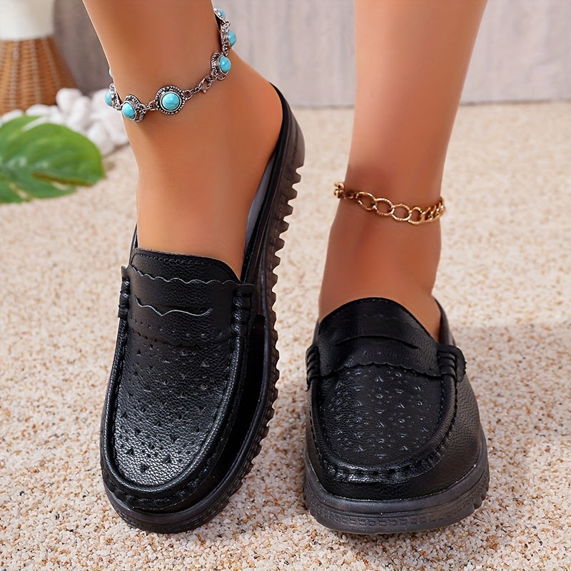 Women’s Solid Color Mules Flat Slip-On Shoes Perforated Non-Slip Casual