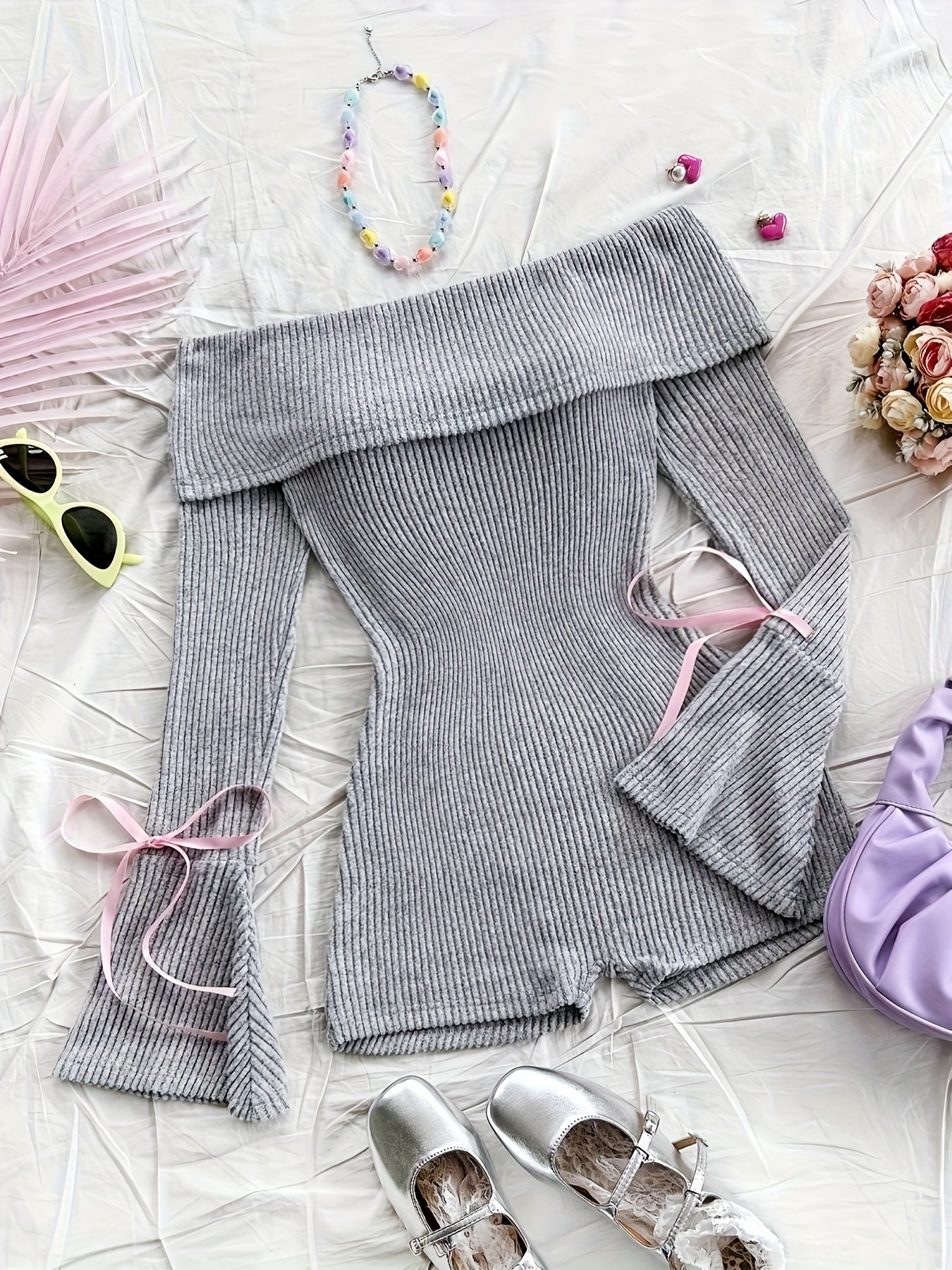 Women's Y2K Style Off-Shoulder Romper with Long Sleeves and Lace-Up Bow Detail