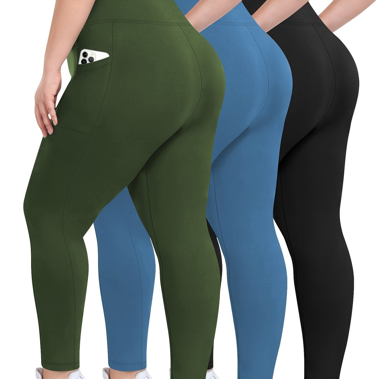 Women's Black High-Waisted Plus Size Yoga Leggings 3 Pack with Pockets