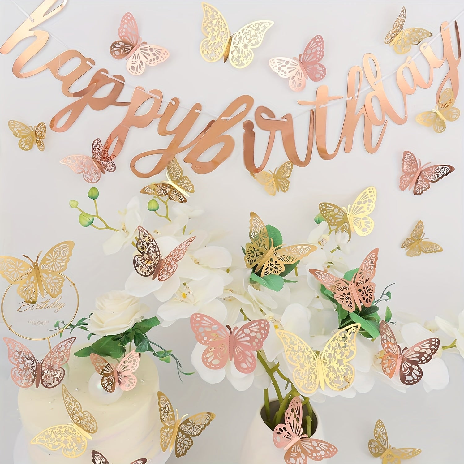 Golden and Rose Glitter 3D Butterfly Wall Stickers for Wedding Birthday Girls Bedroom Reusable Self-Adhesive
