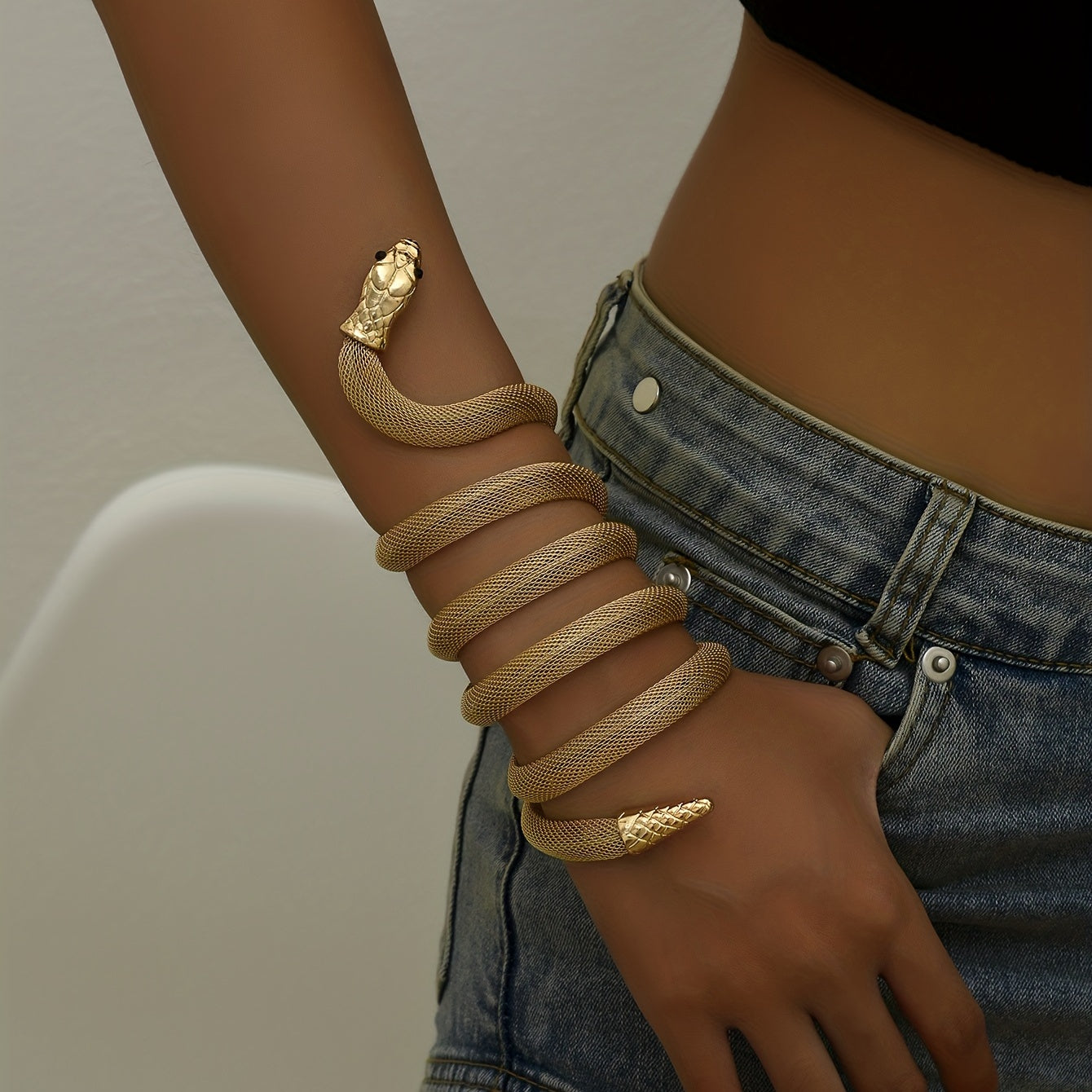 Golden Snake Pattern Metal Bangle Bracelet for Women Open Wrap Design