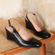 Women's Faux Leather Square Toe Wedge Heels with Ankle Strap Black