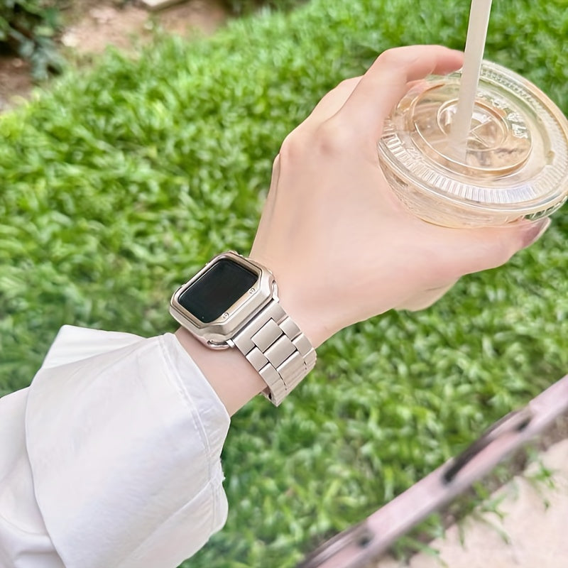 Stainless Steel Smartwatch Strap for Apple Watch S7 S8 S9 with Folding Buckle and TPU Cover