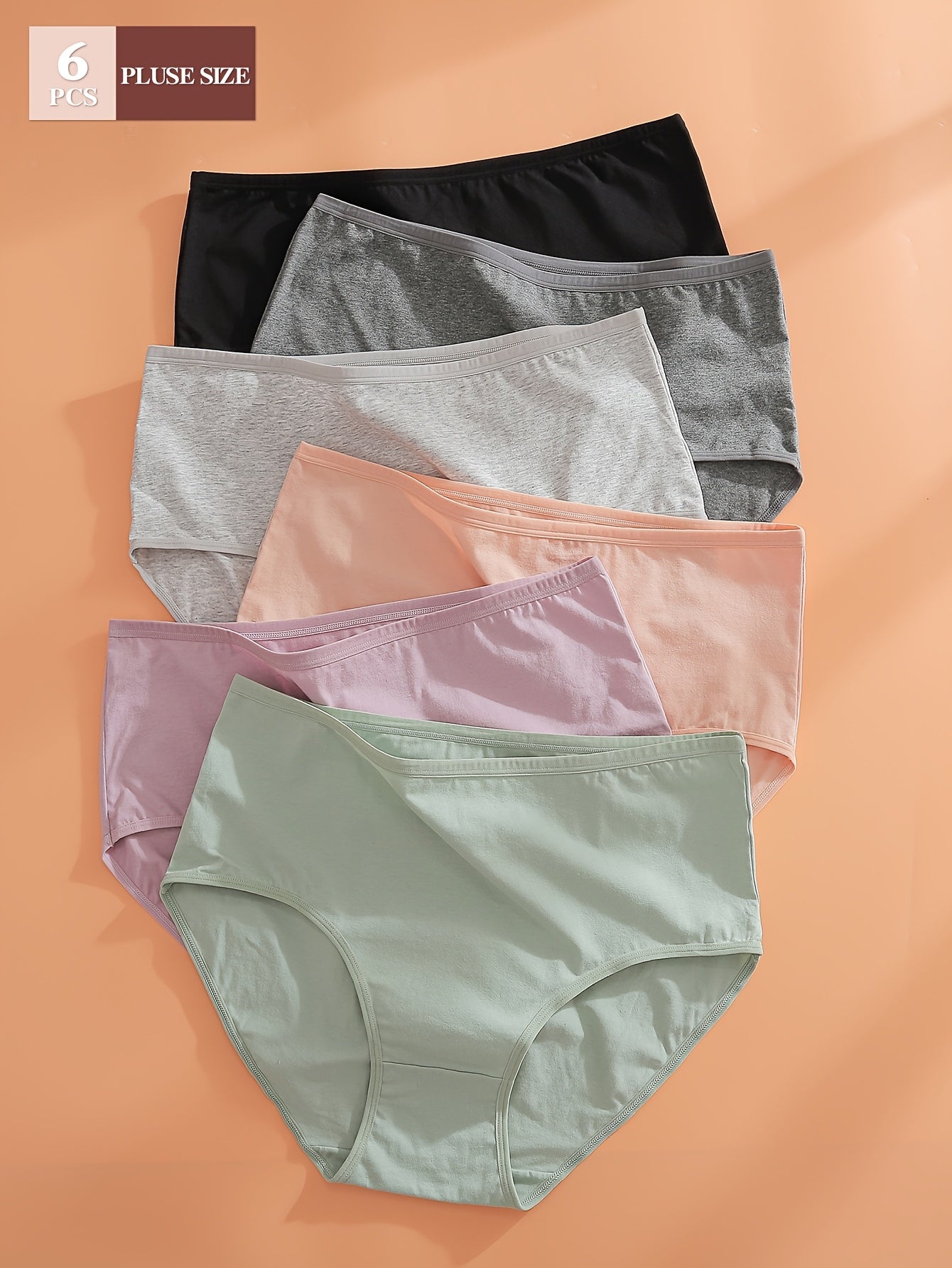 Six Pack Plus Size Cotton Briefs for Women Solid Color Mid-Waist Underwear Medium Stretch