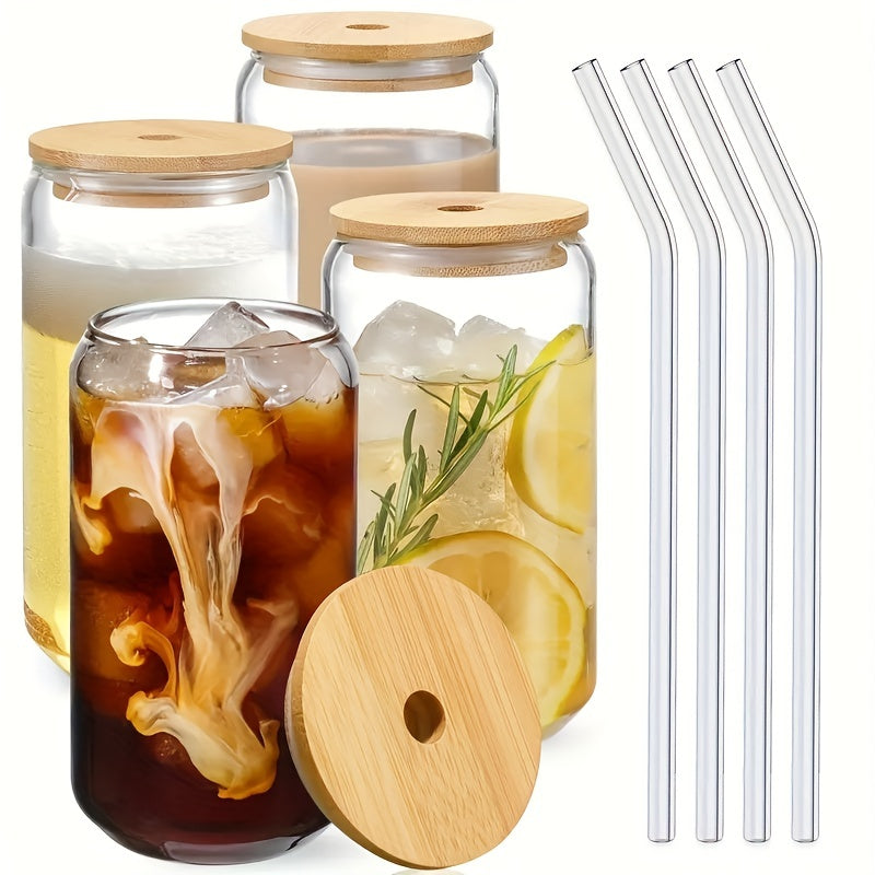 Set of Drinking Glasses with Bamboo Lids and Glass Straws 16oz Can Shaped Cups for Beer Iced Coffee Cocktails