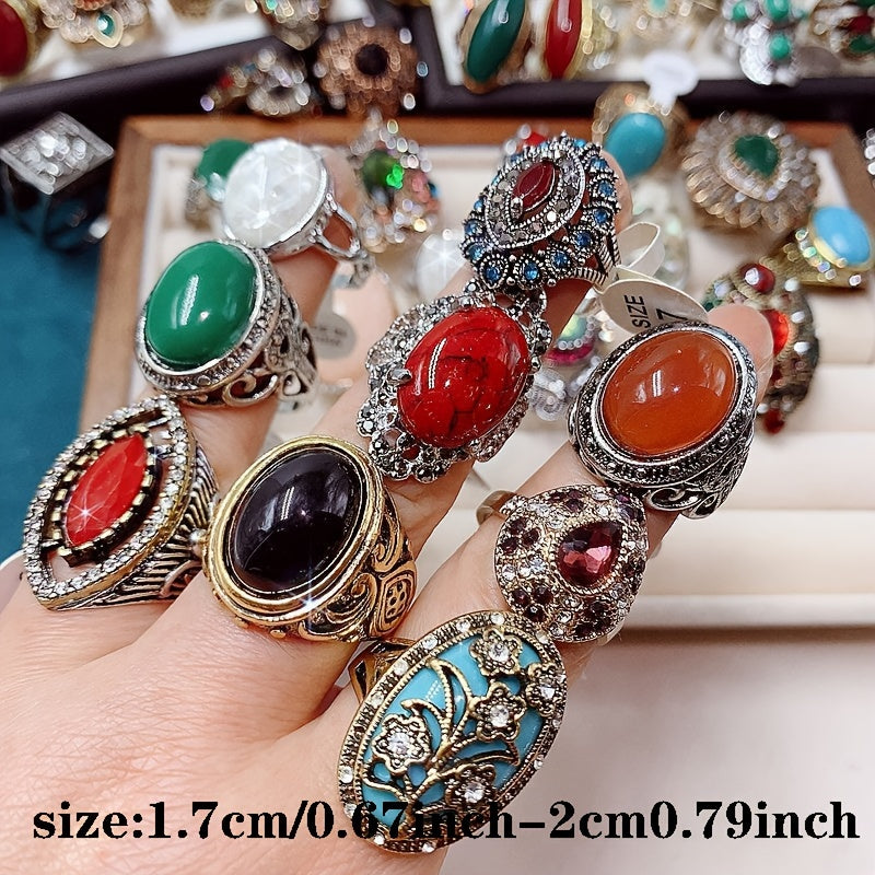 Set of 10 Vintage Synthetic Turquoise Alloy Heart Rings for Women and Girls