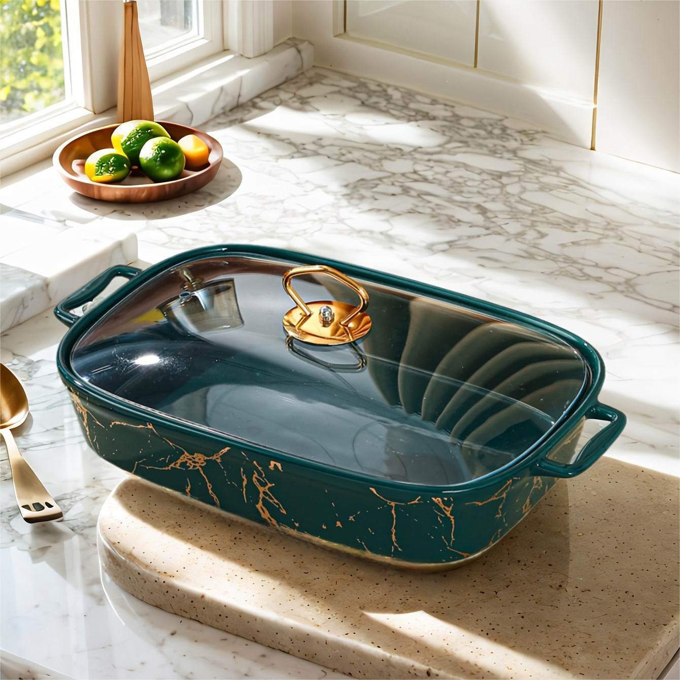 Olla de cerámica con tapa, acabado mármol, detalles en oro, 1 pieza para sopas y guisos