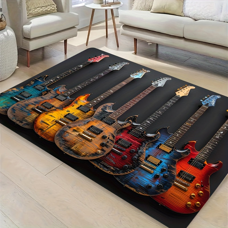 Vibrant Electric Guitar Pattern Rug 8mm Thick Non-Slip Washable Floor Mat