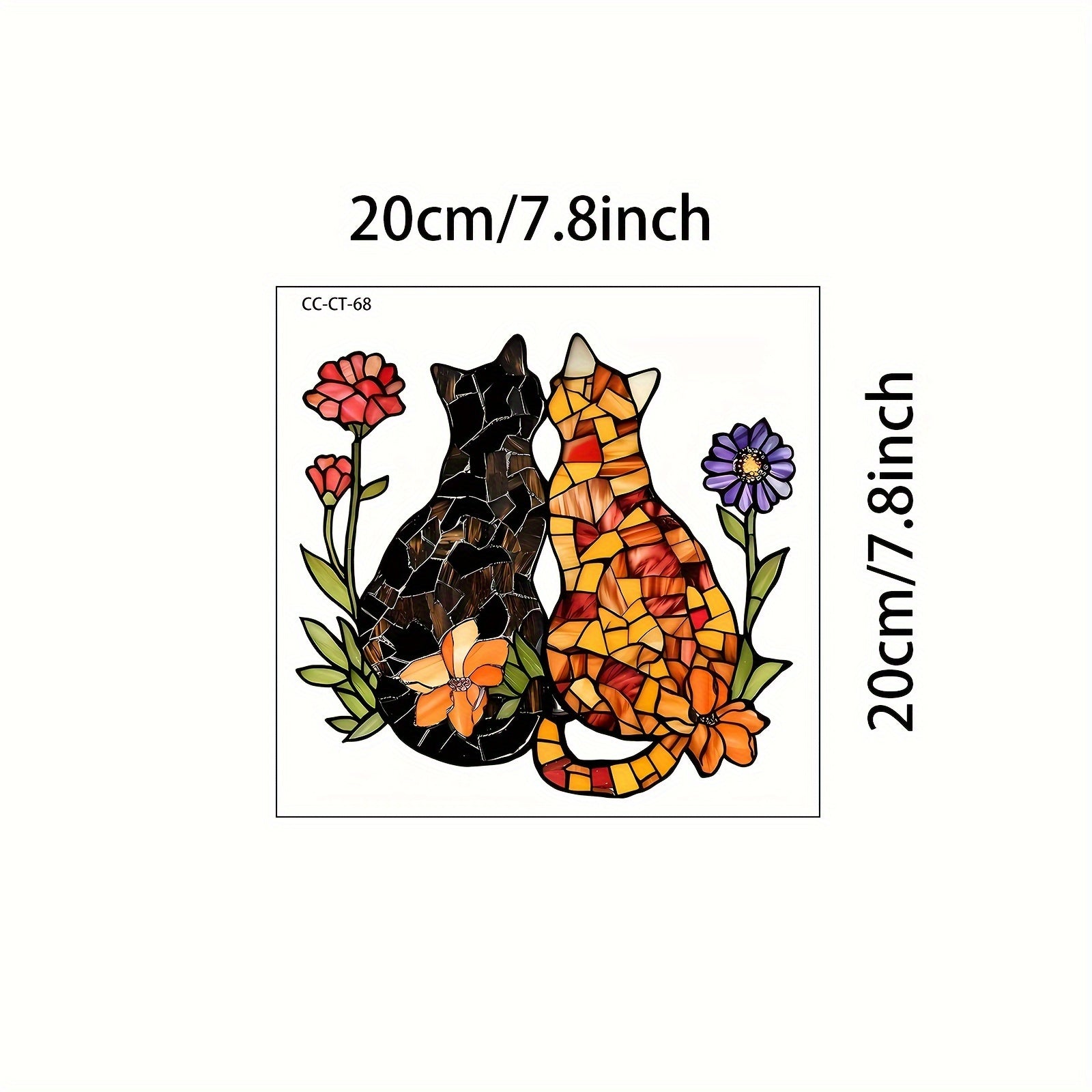 Decorative Stained Glass Window Sticker Black and Orange Cat Flowers 20cm