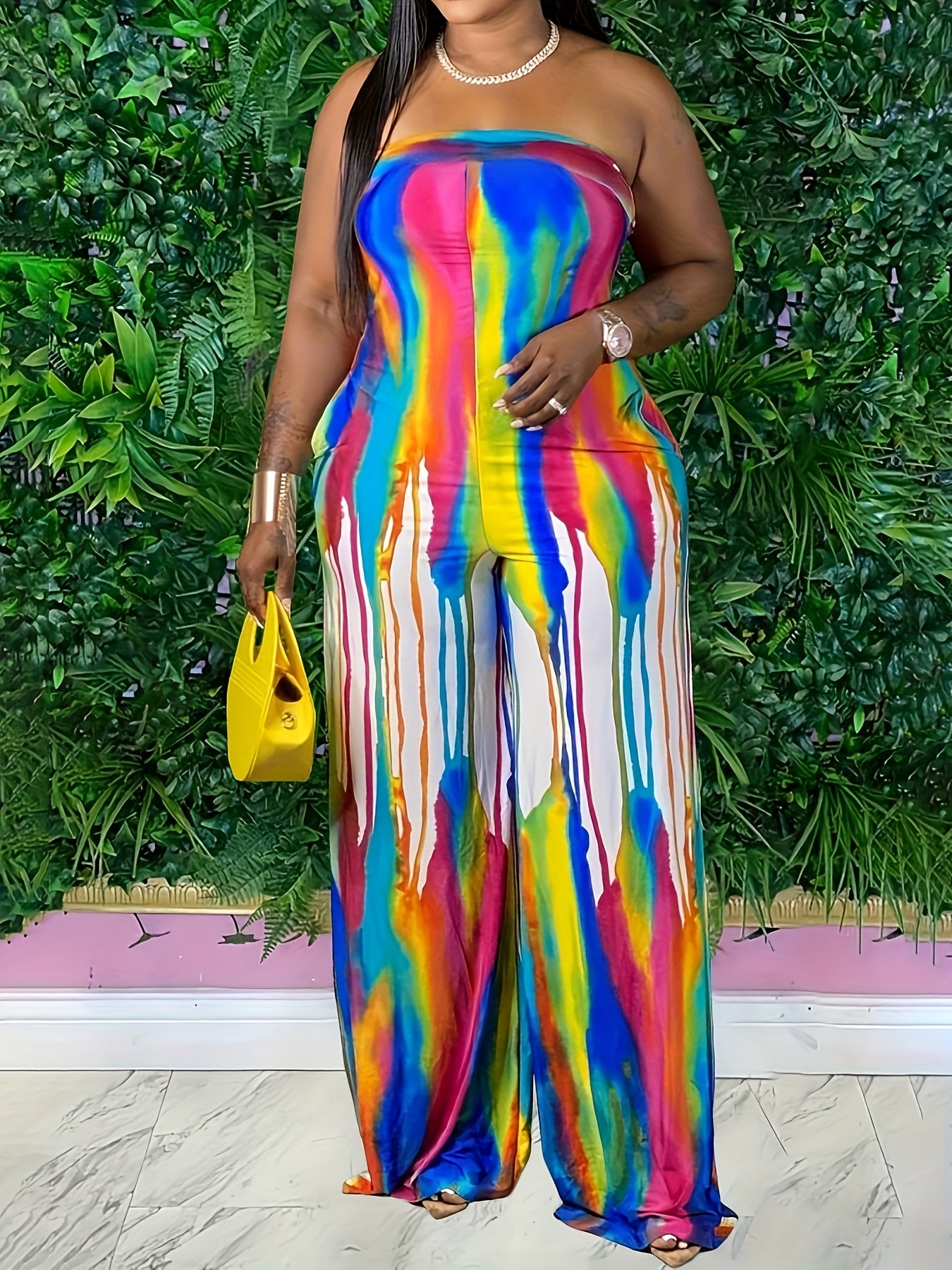 Women's Rainbow Print Off-Shoulder Jumpsuit Sleeveless Wide-Leg Polyester