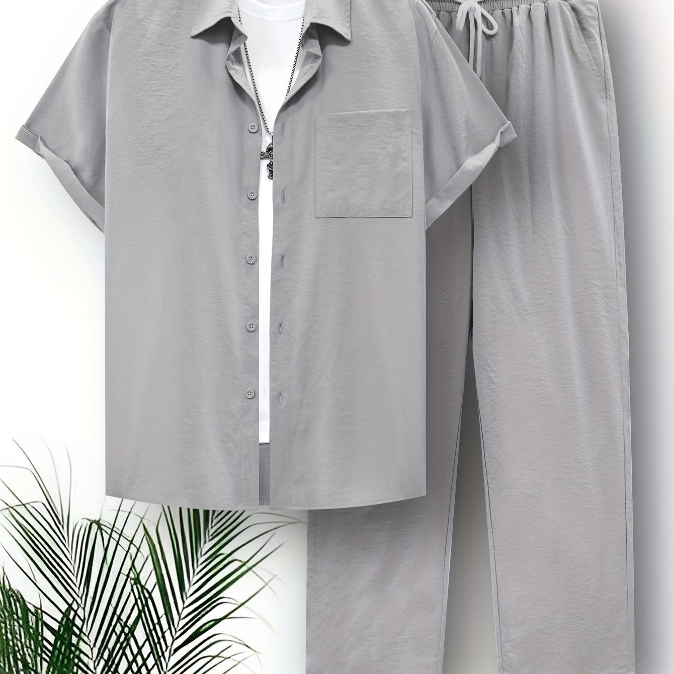Men's Summer Casual 2-Piece Outfit Short Sleeve Lapel Shirt with Chest Pocket and Drawstring Pants