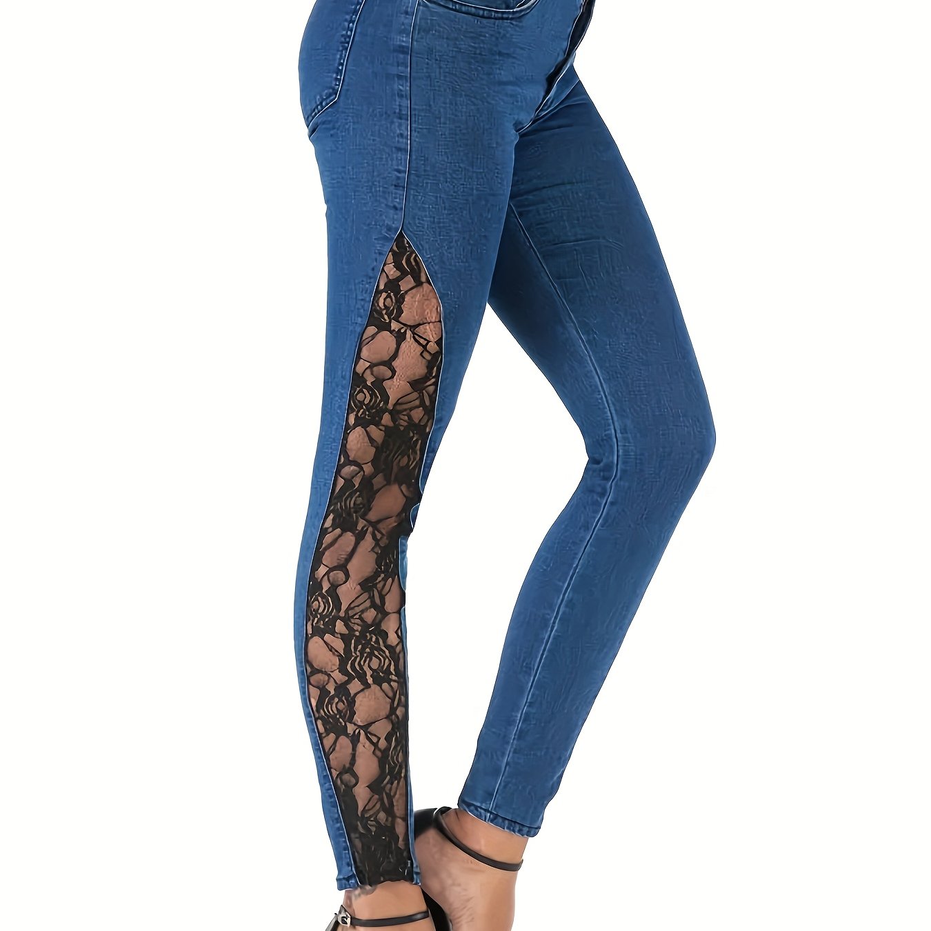 Серые узкие джинсы с высокой талией, кружевной отделкой, полосатым декором, из денима, для всех сезонов