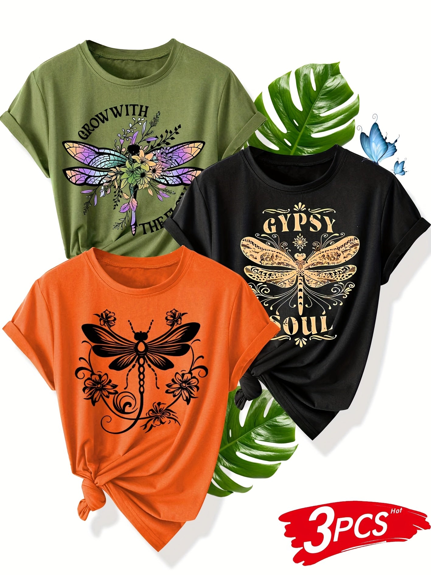 Women's Summer Casual T-Shirt With Flower Dragonfly Print Short Sleeve Multiple Colors