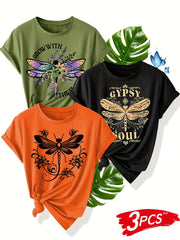 Women's Summer Casual T-Shirt With Flower Dragonfly Print Short Sleeve Multiple Colors