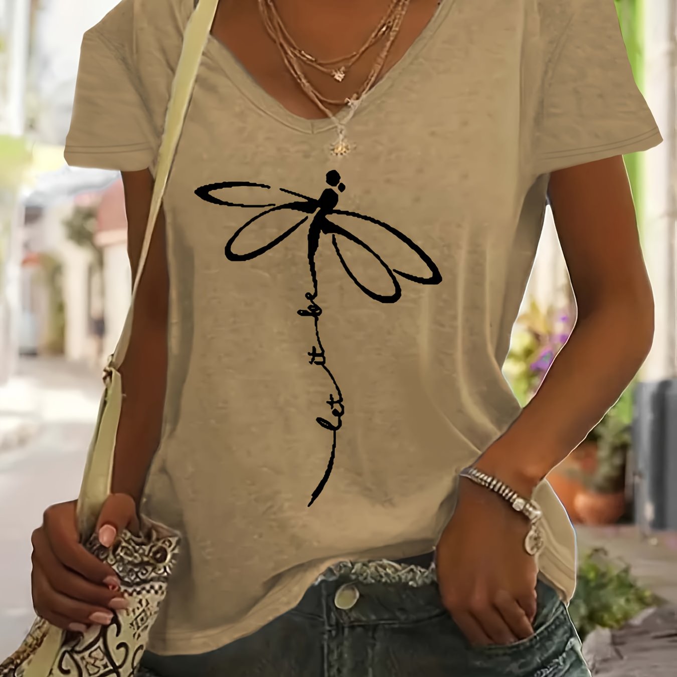 Plus Size Women's V-Neck T-Shirt Geometric Dragonfly Print Mint Green Black