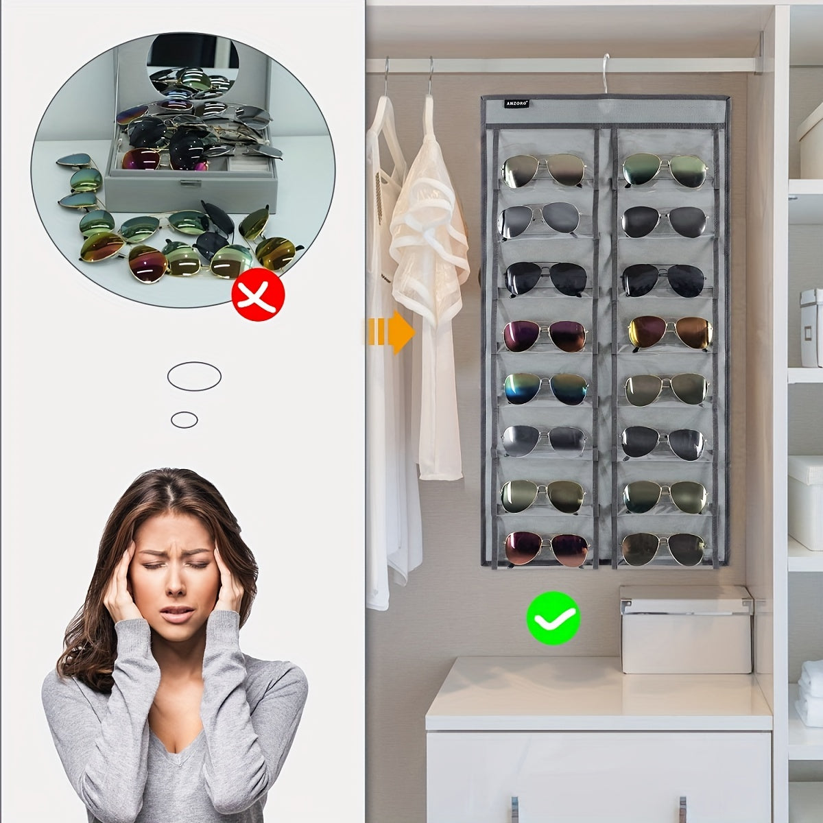 Dual Sided Hanging Sunglasses Organizer with 32 Dustproof Pockets for Home Storage