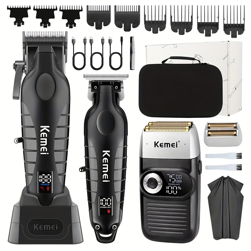 Electric Hair Clipper Set Cordless USB Rechargeable LCD Display Temperature Control for Home Salon