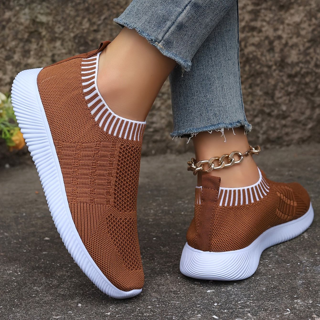 Women's Breathable Knit Flats Casual Mary Jane Shoes with EVA Sole Brown