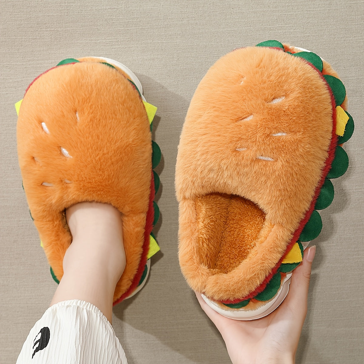 Unisex Plush Slippers Winter Warm Soft Fabric EVA Sole Playful Hamburger Design