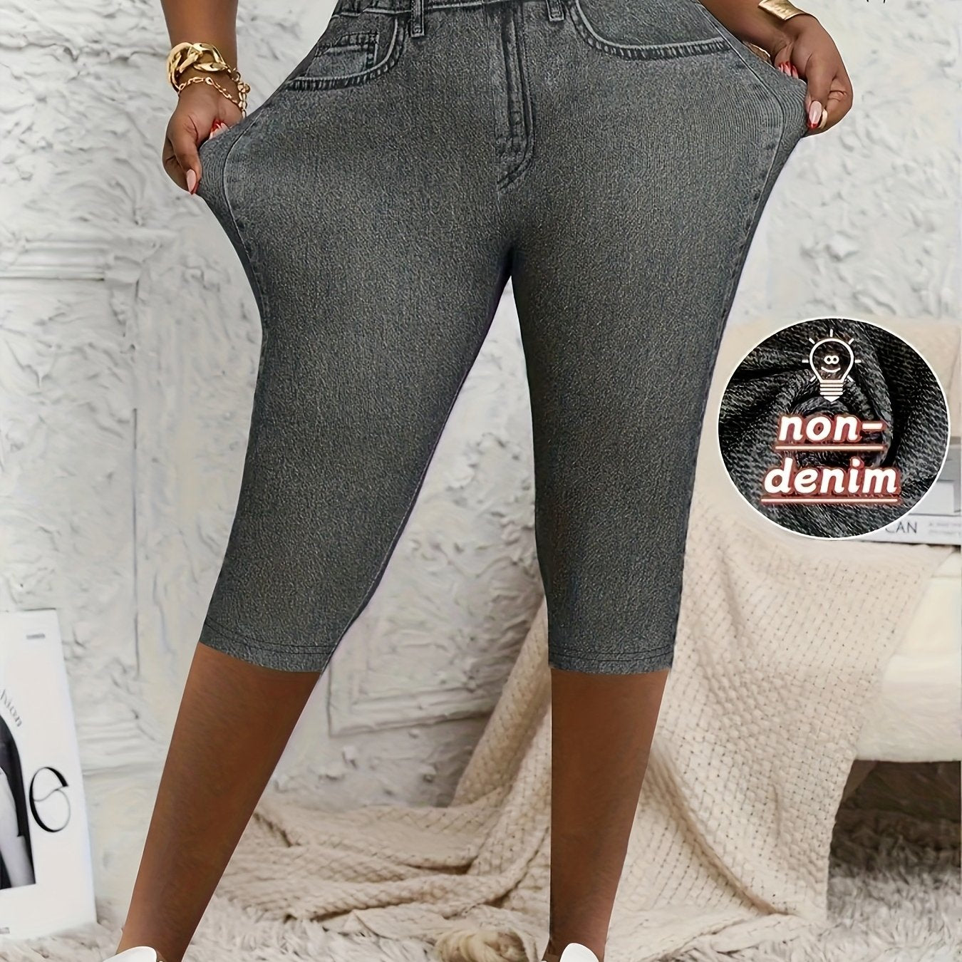 Women's Plus Size Stretchy Slim Fit Capri Pants Light Blue High Waisted