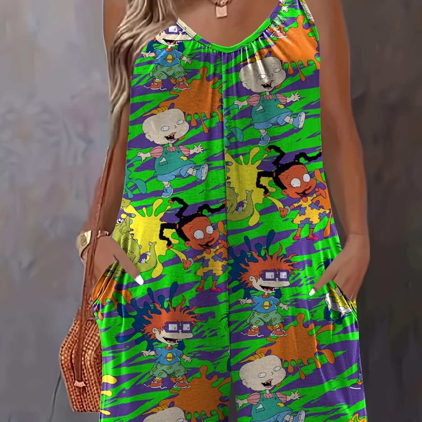 Plus Size Cartoon Print Slip Romper Casual Sleeveless Pockets Women