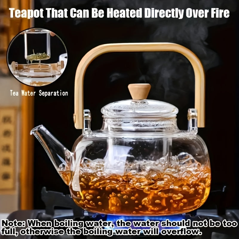 Glass Teapot with Bamboo Handle and Removable Infuser 34oz Heat-Resistant Borosilicate