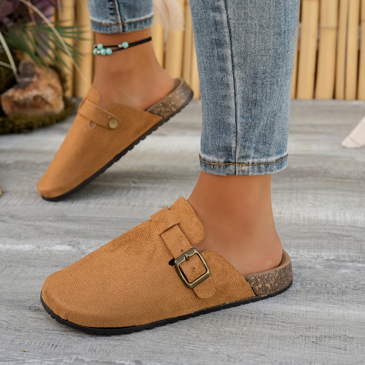 Women TPU Mule Shoes with Golden Chain Ankle Strap Beige Open-Toe Platform