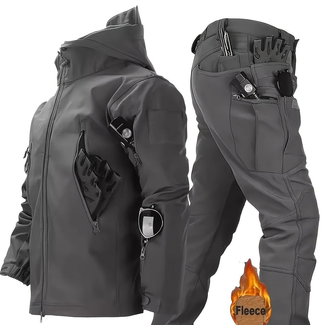 Men's Waterproof Windproof Sportswear Set with Hooded Jacket and Pockets for Hiking Skiing Fishing