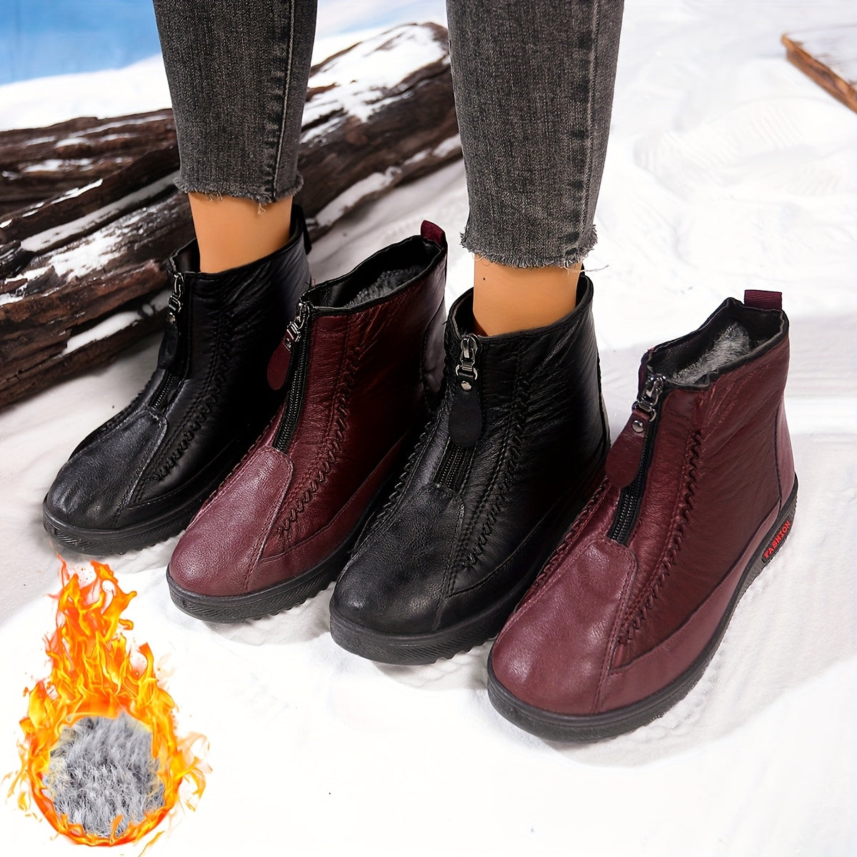 Women's Winter Insulated Snow Boots with Zipper Non-Slip Sole Brown