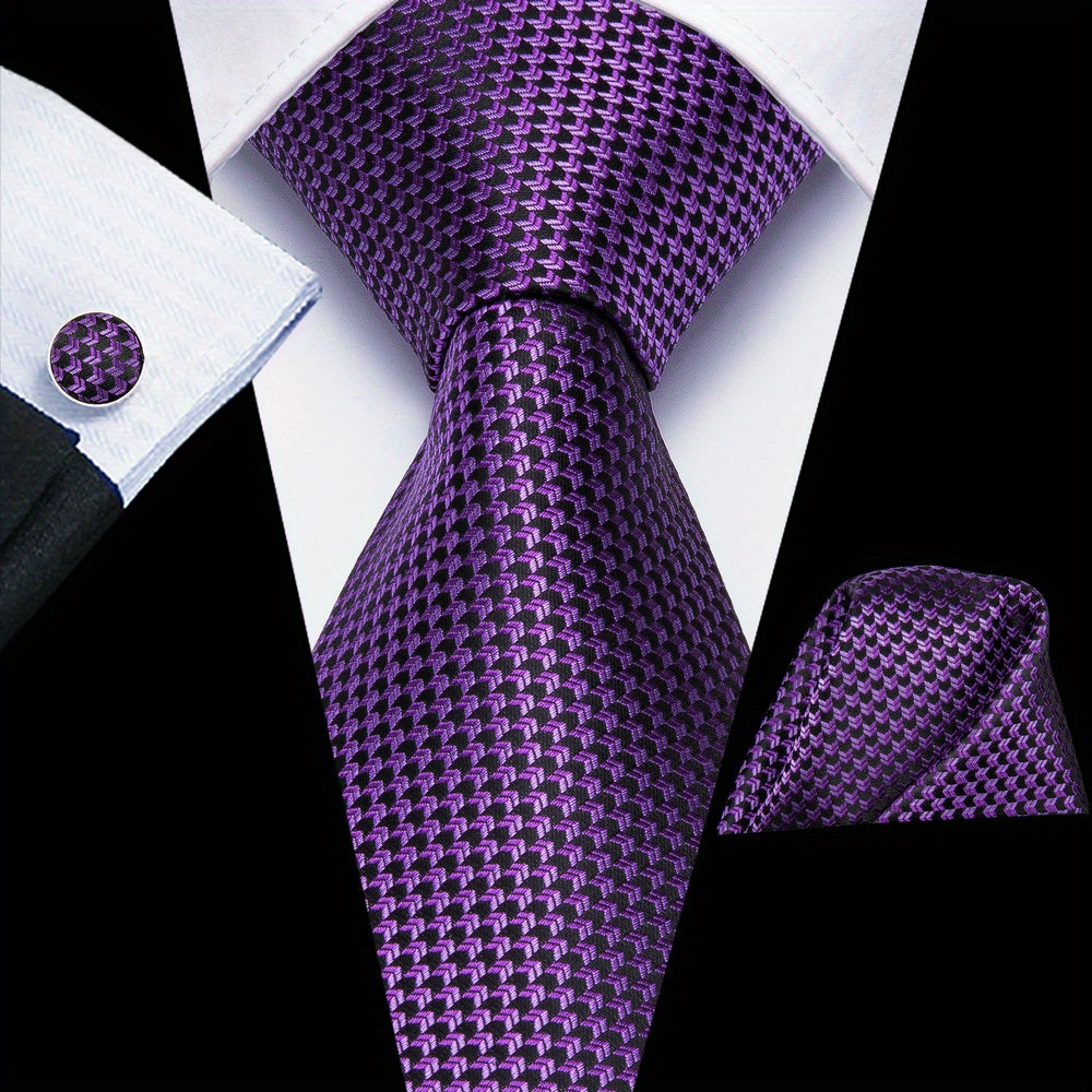 Men's Classic Necktie Set 160cm with Matching Hanky and Cufflinks for Business and Formal Events