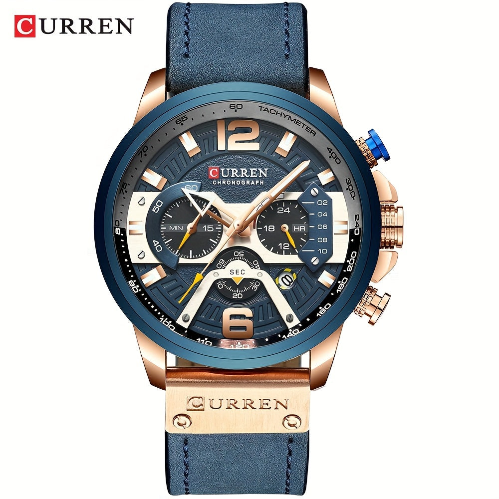 Men's Quartz Watch with Date and Time Display Leather Strap