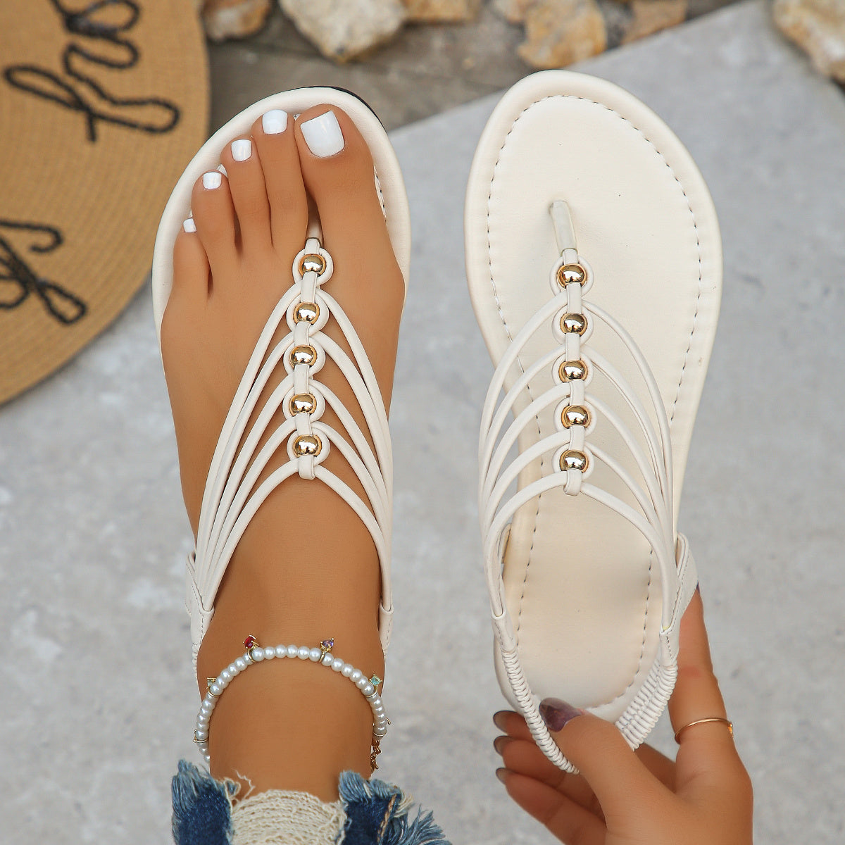Women's Bohemian Flat Sandals Ankle Strap Open Toe Beaded Cross White